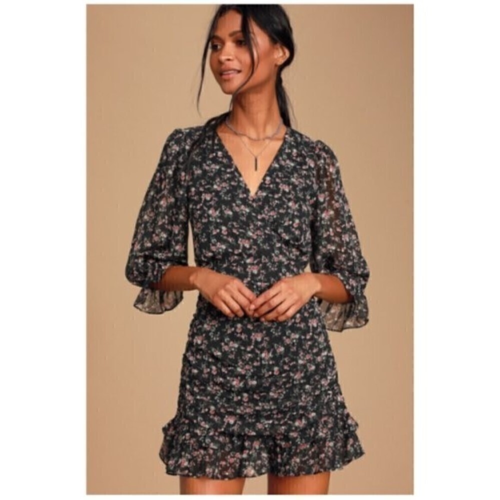 Lulus Estella Chiffon Black Floral Print Ruched Ruffled Hem Mini Dress Size S